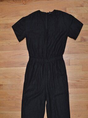 Eileen Fisher Linen Blend Jumpsuit Black Short Sleeve Zipper Crop W Sz Large